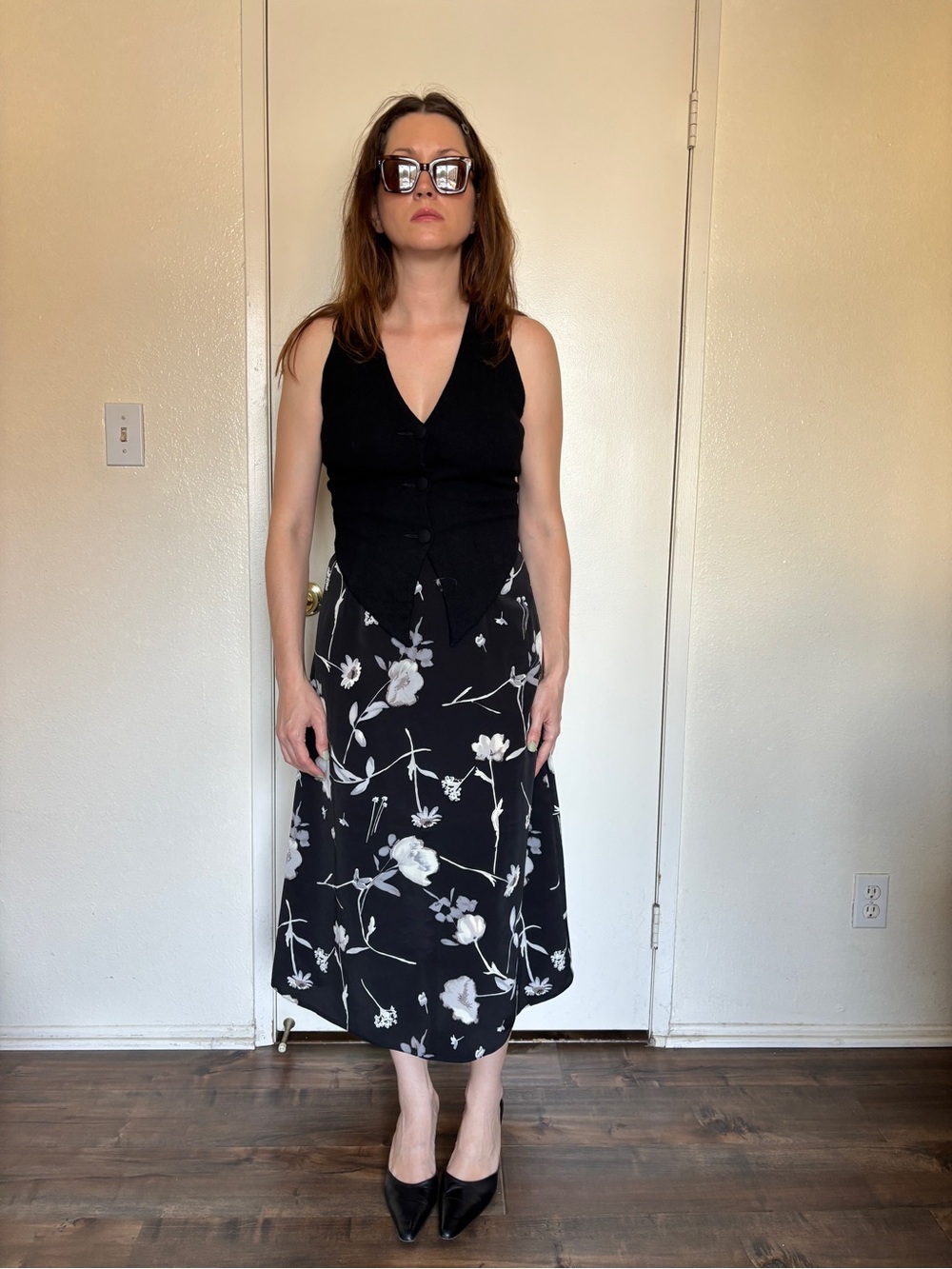 Black Whimsigoth Floral A-Line Midi Skirt